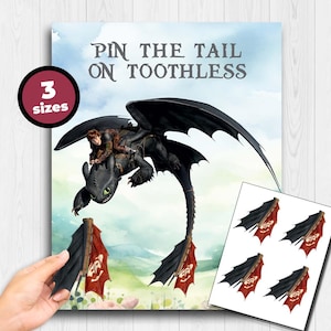 May include: A "Pin the Tail on Toothless" party game poster featuring a black dragon with a rider, and the game title. Includes separate tail stickers. The poster is available in 3 sizes.