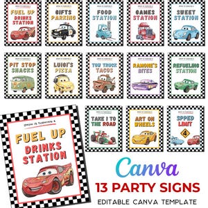 Puede incluir: Un conjunto de 13 letreros para fiestas con temática de coches de carreras. Cada letrero presenta un personaje de coche diferente y texto como "Fuel Up Drinks Station" y "Gifts Parking". Los letreros están enmarcados con un borde a cuadros blanco y negro.