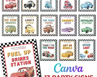 編集可能なテキスト カーズ パーティー サイン、食べ物、アクティビティ | ライトニング・マックィーン 印刷可能な誕生日ポスター テーブルサイン レーシング パーティー | すぐにダウンロード