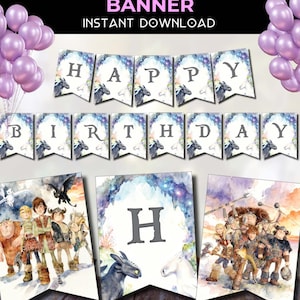 May include: A banner set with the words "HAPPY BIRTHDAY" in gray letters, with dragon illustrations. The banner is designed for instant download. The image also includes illustrations of characters and dragons, with purple balloons in the background.