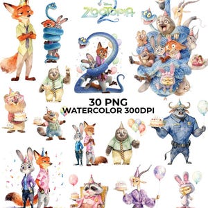 以下が含まれることがあります： ディズニー映画「ズートピア」のキャラクターの水彩イラスト。ニック・ワイルド、ジュディ・ホップス、その他の動物たちがパーティーハットをかぶり、風船やケーキを持っています。テキストには「30 PNG WATERCOLOR 300DPI」と書かれています。