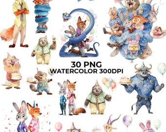 Zootopia 2 birthday clipart png unique party Watercolor Characters Judy Hopps, Nick Wilde | Instant download