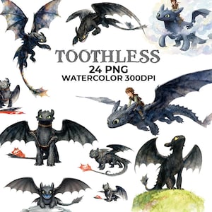 May include: Watercolor illustrations of Toothless the dragon from How to Train Your Dragon. The image includes multiple depictions of the dragon in various poses, with the text "TOOTHLESS 24 PNG WATERCOLOR 300DPI".
