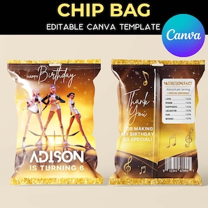 Könnte beinhalten: Eine Chip-Bag-Vorlage mit einem gold-braunen Design. Die Vorderseite zeigt ein Geburtstagsthema mit dem Text "Happy Birthday" und "Adison is turning 6". Auf der Rückseite steht "Thank You" und enthält ein Nährwertkennzeichen.