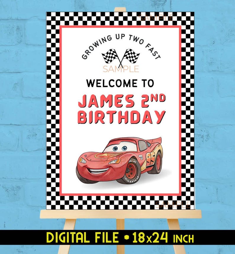 May include: A birthday party sign featuring a red race car illustration. The sign reads "Growing Up Two Fast" and "Welcome to James 2nd Birthday." The sign is 18x24 inches and has a black and white checkered border.