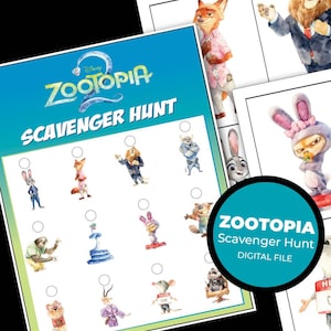 May include: A blue and white Zootopia-themed scavenger hunt game sheet with character illustrations. The title "Zootopia Scavenger Hunt" is displayed in large, white, and blue text. A teal circle reads "Zootopia Scavenger Hunt DIGITAL FILE".