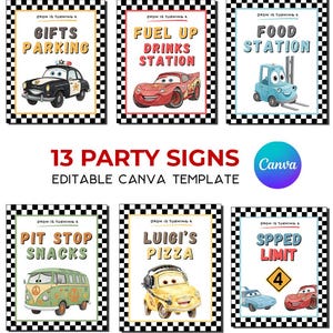 Puede incluir: Un conjunto de letreros para fiestas con temática de coches de carreras. Los letreros incluyen "Gifts Parking", "Fuel Up Drinks Station", "Food Station", "Pit Stop Snacks", "Luigi's Pizza" y "Speed Limit 4". Los letreros están enmarcados con un patrón de cuadros blancos y negros.
