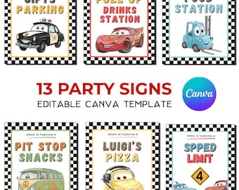 編集可能なテキスト カーズ パーティー サイン、食べ物、アクティビティ | ライトニング・マックィーン 印刷可能な誕生日ポスター テーブルサイン レーシング パーティー | すぐにダウンロード