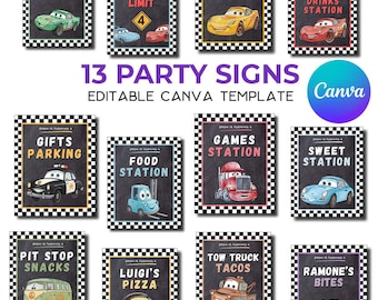 Letreros, comida y actividades para fiesta de Cars (texto editable) / Póster imprimible de cumpleaños de Rayo McQueen / Letrero de mesa para fiesta de carreras / Descarga instantánea