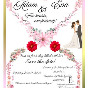 Puede incluir: Invitación de boda con elementos florales y botánicos. La invitación presenta los nombres "Adam & Eva", el texto "Two hearts, one journey!" y "Save the date!" en una fuente decorativa. La fecha es el sábado 14 de junio de 2026.
