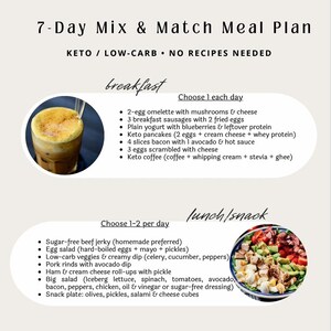May include: A 7-Day Mix & Match Meal Plan for Keto and Low-Carb diets. The plan includes breakfast, lunch/snack, and dinner options. Breakfast choices include omelets, sausages, yogurt, pancakes, bacon, eggs, and coffee. Lunch/snack options include jerky, egg salad, veggies, pork rinds, ham rolls, big salad, and snack plates. Dinner options include nachos, burger patties, roast beef, chicken, slaw, ribs, and spaghetti.