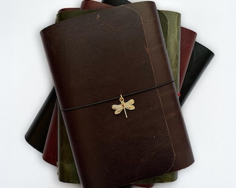 A6/A5 Personalized Refillable Trifold Handmade 100% Cowhide Antique Vintage Leather Traveler’s Journal Notebook Cover w/ Charms & Notebooks