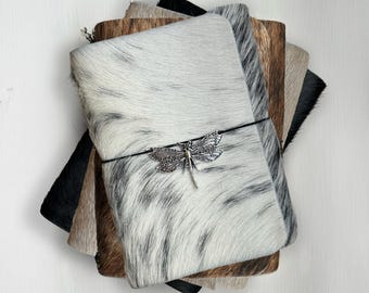 A6/A5 Personalized Refillable Trifold Handmade 100% Cowhide Fur on Leather Traveler’s Journal Notebook Cover with Charms