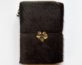 A6/A5 Personalized Refillable Handmade 100% Genuine Dark Brown Fur on Leather Cowhide Western Cowgirl/Cowboy Custom Themed Journal Notebook