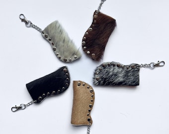 Handmade Fur on leather lighter case / lipstick / chapstick holder-case with key ring