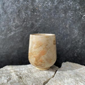 Può includere: Una tazza cilindrica in ceramica con una superficie opaca e ruvida nei toni del beige, crema e marrone chiaro. Il recipiente presenta una base leggermente rastremata e un bordo liscio e arrotondato, con una finitura terrosa e maculata.