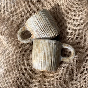Może przedstawiać: Dwa ceramiczne kubki o jasnobeżowym, teksturowanym wykończeniu z pionowymi żłobieniami. Każdy kubek posiada zaokrąglone ucho i cylindryczny korpus. Powierzchnia ceramiki ma nakrapiany wygląd z subtelnymi odcieniami brązu i beżu.