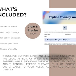 May include: A document titled "Peptide Therapy Waiver" with a blue and white gradient background. The document includes sections for patient information and the purpose of peptide therapy. Text on the document states it covers legal aspects of prescribing peptides.