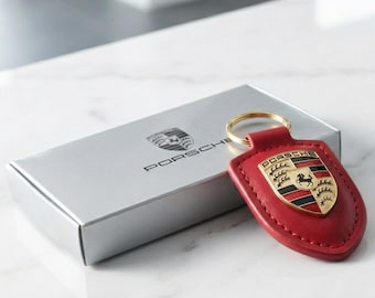 Luxury Inspired Leather Key Fob - Handmade Red Crest Car Key Ring