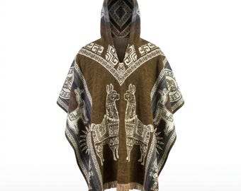 Alpaca Wool Poncho Hooded Unisex Geometric Southwestern Handmade Warm Soft Andean One Size Cape Ecuador Boho Winter Gift Cozy Festival
