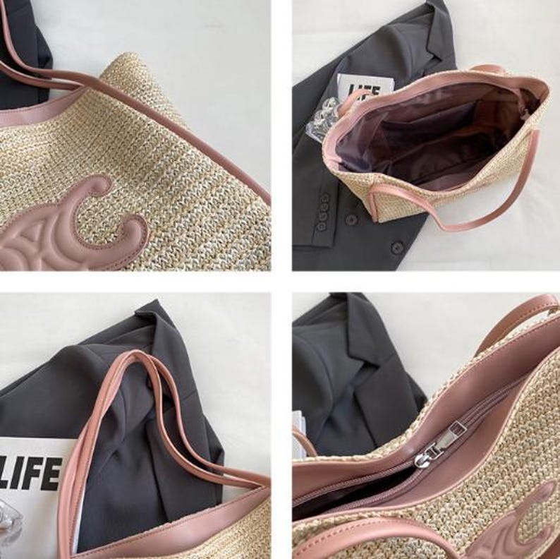 May include: A beige woven tote bag with pink leather trim and handles. The bag features a large embossed design on the front and a zippered interior. The bag is shown from multiple angles, showcasing its details and construction.