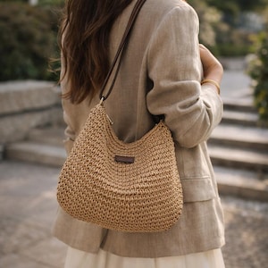 Mångsidig vävd stråväska reseväska marknad shopper axelväska crossbody stor kapacitet casual vardag semester gåva kvinnor