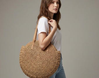 Handwoven Rattan Round Shoulder Bag Bohemian Style Natural Straw Tote Summer Vacation Beach Purse Artisanal Craft Handbag Present