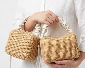 Summer Straw Handbag Ruched Handle Beach Bag Woven Raffia Shoulder Bag Trendy Vacation Crossbody Chic Everyday Purse Women Fashion Accessory