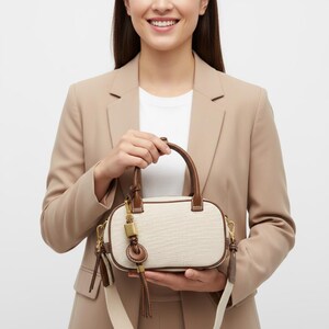 May include: Cream-coloured handbag with brown leather accents. The bag has a rectangular shape, a top handle, and a detachable shoulder strap. A gold-coloured lock and tassel add detail to the front. The bag is held by a person wearing a tan blazer.