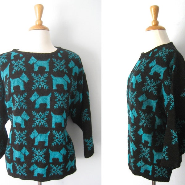 Vintage 80s Scottish terrier & snowflake design jumper - black and aquamarine blue - Large