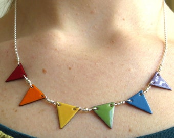 Rainbow bunting necklace, Multicoloured enamel necklace, Boho jewellery, Colour pop jewelry, Festival flags necklace