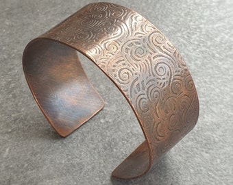 Copper cuff bracelet, Embossed solid copper, Swirl wave pattern, 7th anniversary gift, Copper wedding, Gift for beach lover