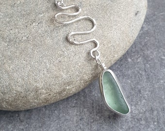 Aqua seaglass pendant, Silver wave necklace, Beachcomber gift, Genuine sea glass, Upcycled beach find