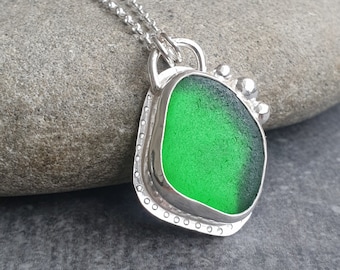 Bright green sea glass pendant, Large seaglass nugget, Seaham beach find, Beach combers gift, Statement jewellery