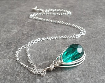 Teal crystal pendant, Raindrop necklace, Bridesmaid gift, Sterling wire wrapped, Dark aqua beaded necklace