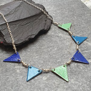 Bunting flag necklace, Blue and green enamel necklace, Colourful jewellery, Summer festival style, Geometric triangle pendant image 2