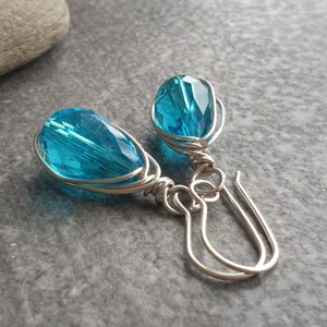 Turquoise crystal earrings, Sterling silver, Teardrop earrings, Bridesmaid gift, Something blue, Raindrop earrings image 1