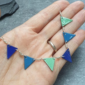 Bunting flag necklace, Blue and green enamel necklace, Colourful jewellery, Summer festival style, Geometric triangle pendant image 3