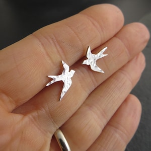 Sterling silver bird earrings, Swallow studs, Gift for bird lover, Two flying swifts