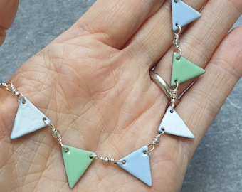 Bunting necklace, Pale blue and green enamel necklace, Pastel jewellery, Summer festival style, Geometric jewelry