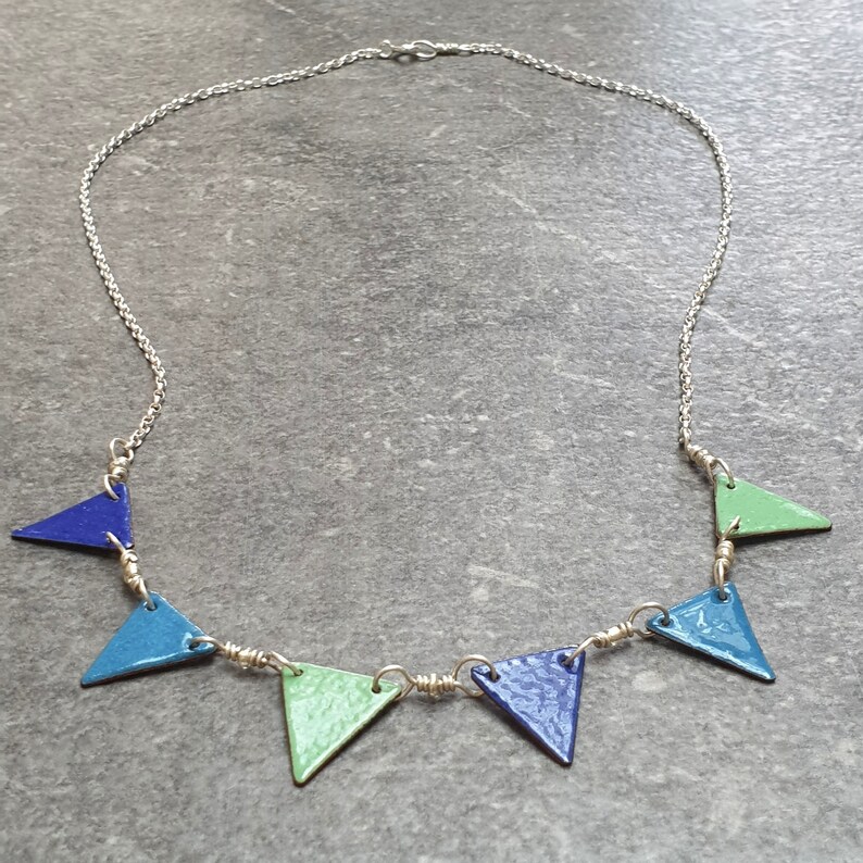 Bunting flag necklace, Blue and green enamel necklace, Colourful jewellery, Summer festival style, Geometric triangle pendant image 4