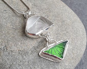 Patterned sea glass necklace, Green and white seaglass, Geometric pendant, Gift for beach lover, Rare sea glass