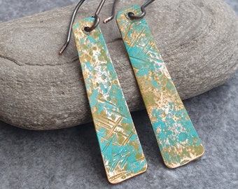 Short verdigris earrings, Green copper earrings, Ancient patina jewellery, 7th anniversary gift, Rustic jewelry