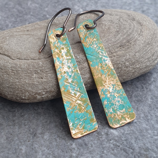 Short verdigris earrings, Green copper earrings, Ancient patina jewellery, 7th anniversary gift, Rustic jewelry