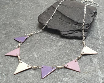 Bunting necklace, Flag jewellery, Lilac, pink and cream enamel, Pastel jewellery, Feminine summer style