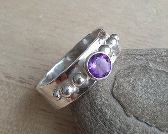 Amethyst solitaire ring, Wide hammered band, February birthstone, Purple gemstone statement ring