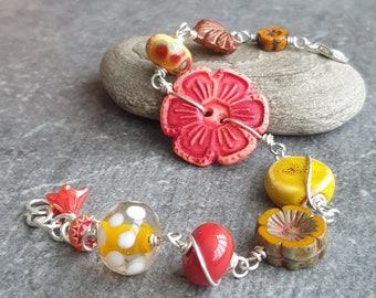 Red poppy bracelet, Glass bead bracelet, Summer jewellery, Gift for florist, Sterling silver