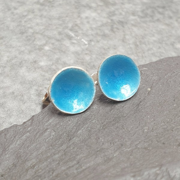 Turquoise enamel studs, Bright blue earrings, Colour pop jewellery, Small round studs, Silver with enamel