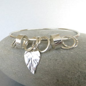 Sterling silver leaf charm bangle, Gardener gift, Nature jewellery, Hallmarked silver UK, Jewelry to play with, Personalised gift image 1