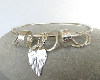 Sterling silver leaf charm bangle, Gardener gift, Nature jewellery, Hallmarked silver UK, Jewelry to play with, Personalised gift